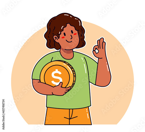 Cartoon woman holding dollar coin