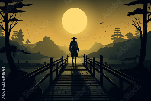 anime style background, a samurai walks on a bridge