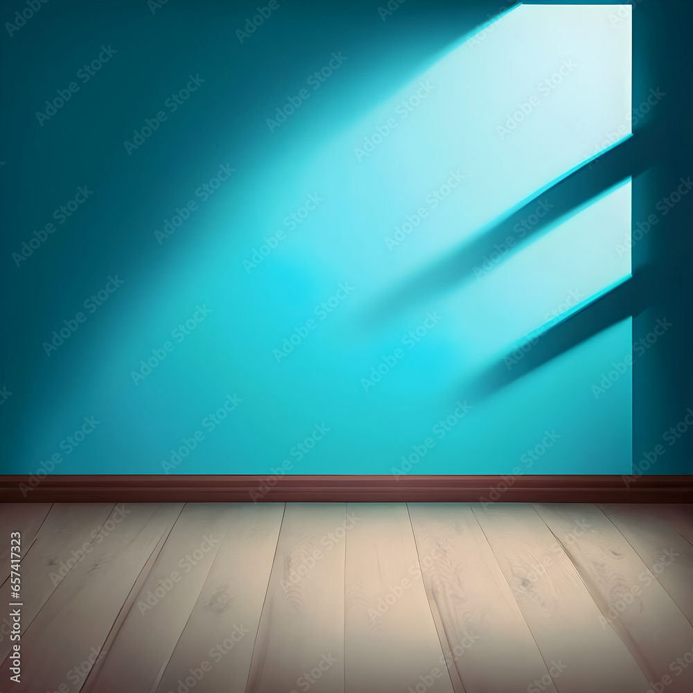 Blue turquoise empty wall and wooden floor with interesting with glare from the window. Interior background for the presentation. Blue turquoise empty wall and wooden floor with interesting with glare from the window. Interior background for the presentation.