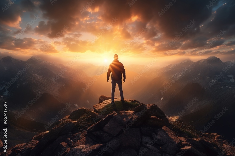 Man standing on top of the mountain and looking at the sunset - obrazy, fototapety, plakaty 