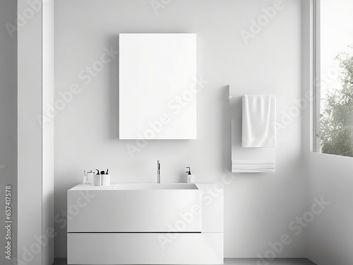 Bathroom interior with a white bathtub with a towel hanging over it  a hardwood floor  gray walls and a loft window. a mockup generative ai.