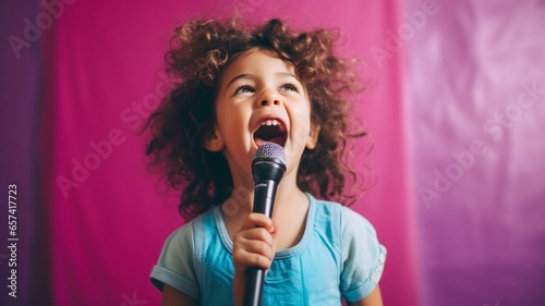 Girl singing with microphone photo