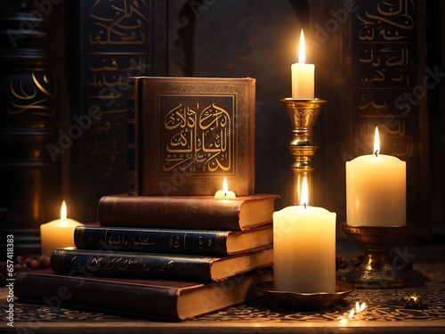 Arabic quran between candle and bun