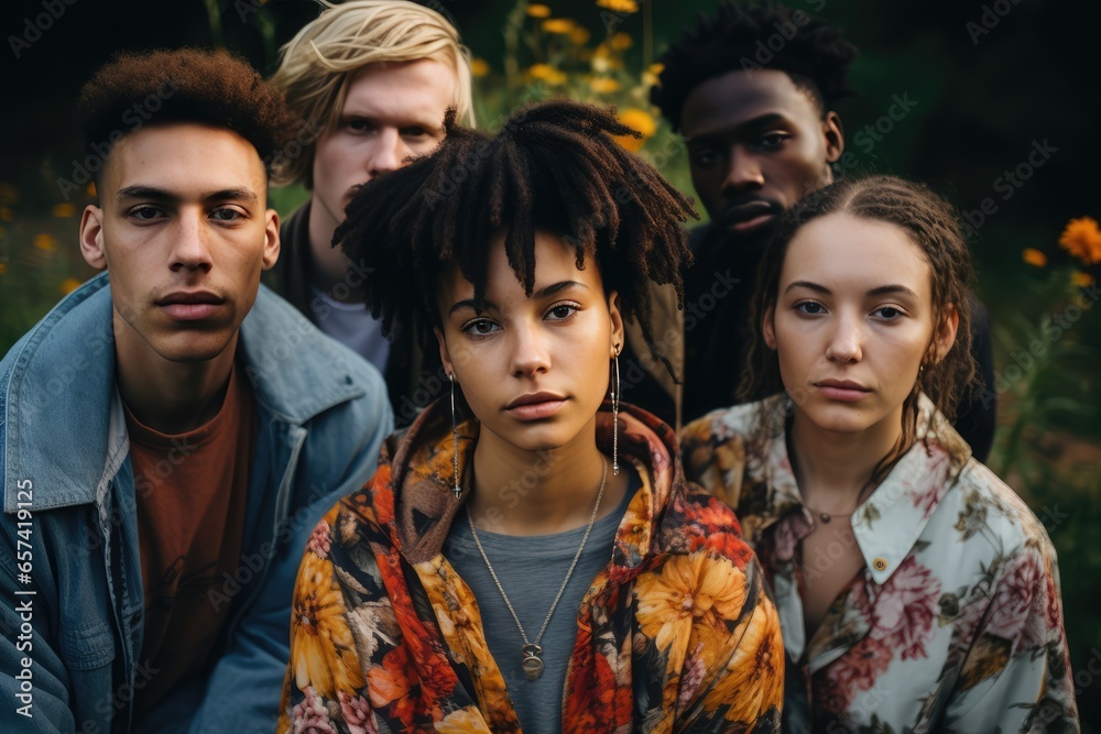 A group of Generation Z teenagers in the company of friends and representatives of different cultures.