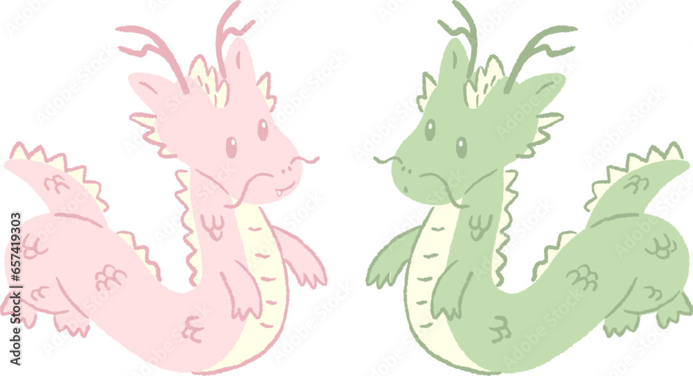 Smiling cute dragon, textured hand-drawn illustration set / 笑顔のかわいい辰(ドラゴン)、テクスチャのある手描きイラストセット