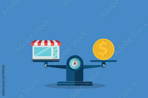 Shop and a stack of coin on the scale. Small business concept.