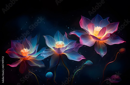 "Blossoms of the Moon: Night Flowers in Ethereal Luminescence - Surreal Midnight Garden