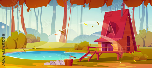 Wooden cabin house in autumn forest vector cartoon background. Deep woodland scenery with lake, falling leaves and hut on meadow. Sunny fall weather with wind nature landscape environment illustration