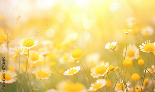 Macro shot of vibrant yellow Santolina flowers amidst playful butterflies in a meadow