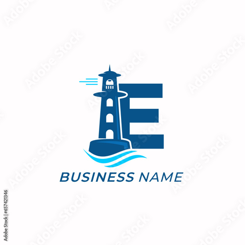 design logo creative letter E and lighthouse tower