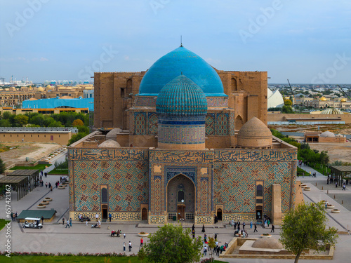 View from a quadcopter of the medieval mausoleum of Khoja Akhmet Yassaui in the Kazakh city of Turkestan - the heart of the Turkic world
