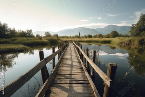 view of a wooden bridge crossing the lake