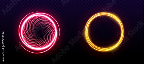 Magic neon light circle portal with glow effect. Ring line spark flare frame with shine. Isolated red and gold abstract radiant luminous swirl design. Illuminated bright dynamic motion speed trail