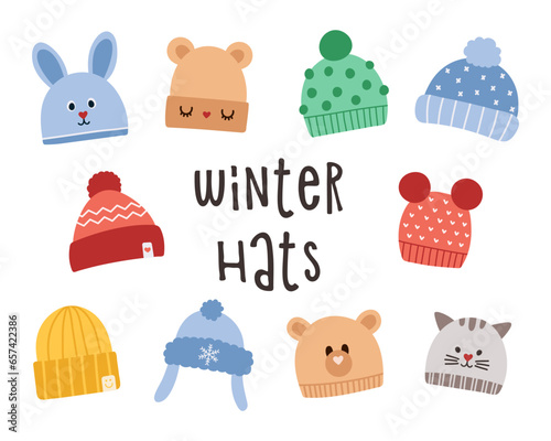 Cute cozy knitted hats set with lettering winter hats. Children and adults autumn hats collection. Cartoon vector illustration