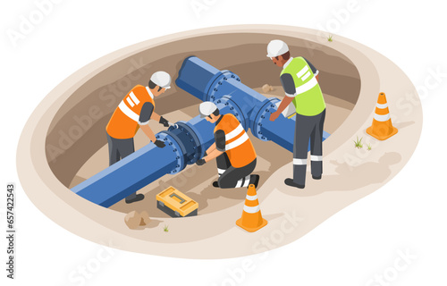 underground water pipe construction engineering inspection and worker working maintenance isometric isolated cartoon vector