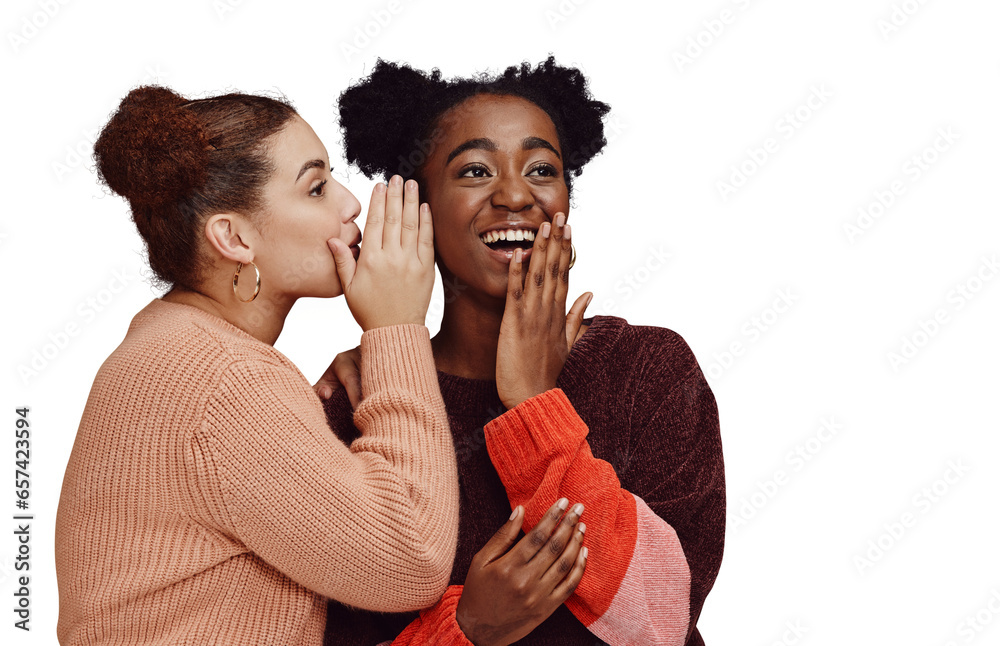Gossip, friends and women laughing together at secret joke on png transparent background with smile on face. Comic, rumor and whisper in ear, black person with happiness talking to girl with humor - obrazy, fototapety, plakaty 