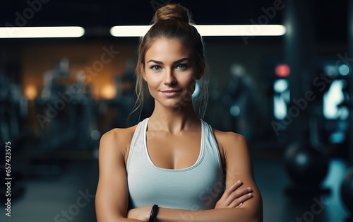 A young woman does sports in the gym and looks at the camera. Generative AI