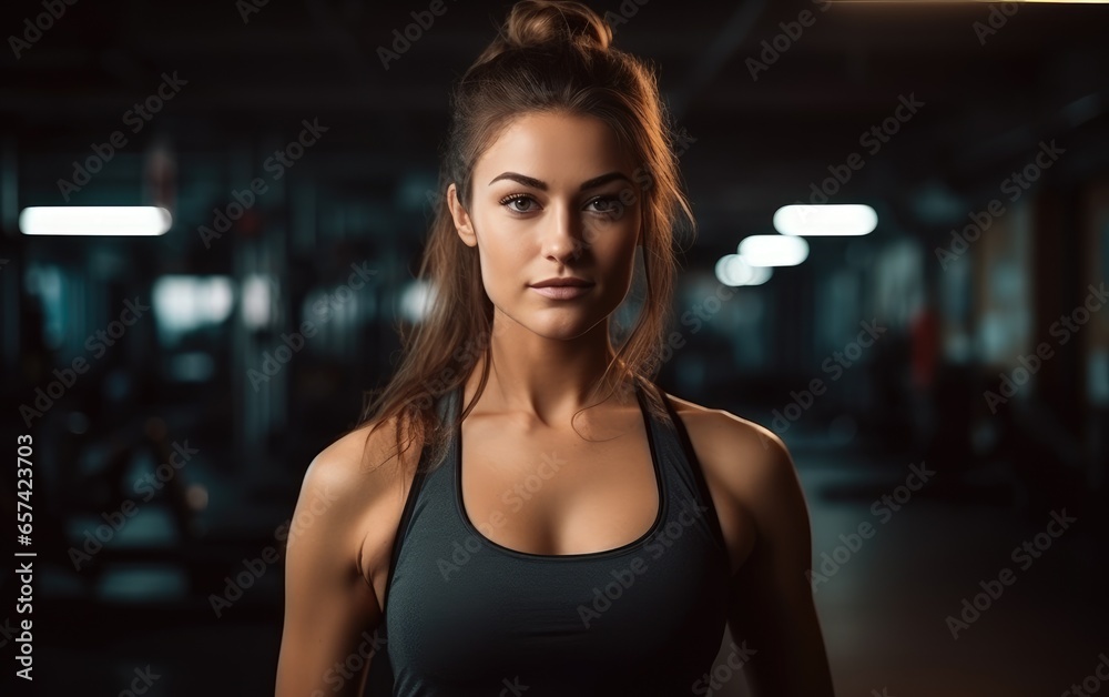 A young woman does sports in the gym and looks at the camera. Generative AI