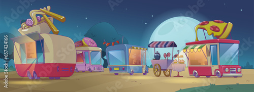 Street food truck at night festival vector illustration. City park with burger, pizza and donut car vendor cartoon background. Fastfood automobile bus at full moon. Asian kitchen cafe sign design