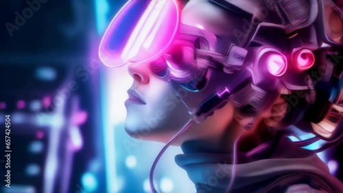 Cyberpunk Woman with Glowing Glass Goggles in Neon Room. Futuristic Girl in a Helmet in a Glowing Science Fiction Setting. High Tech Fantasy Future Animated Background.  photo