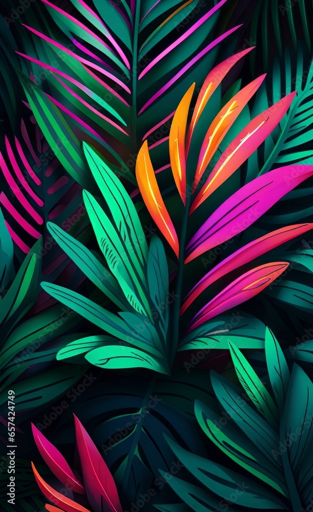 Abstract of tropical neon leaves. Greenery texture for interior printing murals on the wall, Generative AI Abstract of tropical neon leaves. Greenery texture for interior printing murals on the wall, Generative AI
