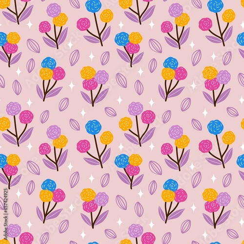 seamless background with cute pink fuschia, blue and yellow flower in soft pink background