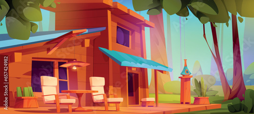 Wooden house with terrace in forest. Cartoon vector summer landscape of woodland with green trees and small house with armchairs and table on patio. Veranda with furniture for outdoor relaxation.