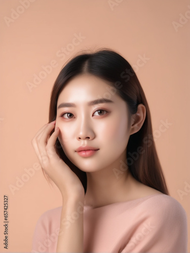 portrait of a beautiful Asian woman on a peach background shiny and soft skin with black hair