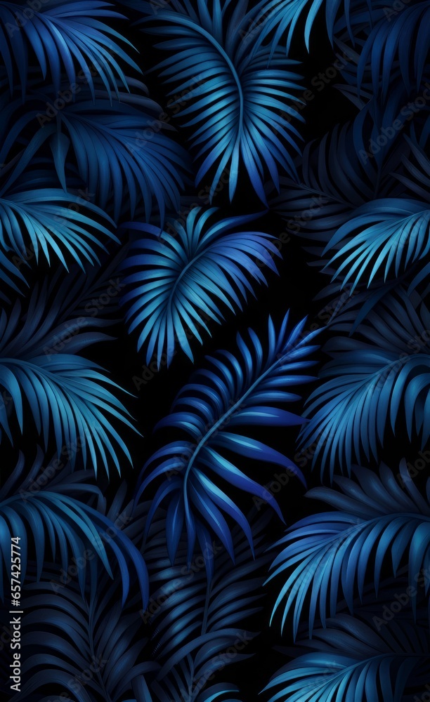 Fotografie Exotic blue bright palm leaves seamless pattern on black background, Generative