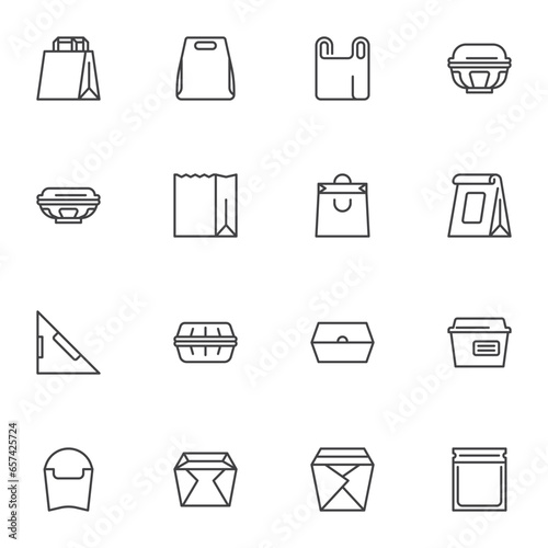 Take away food packaging line icons set,