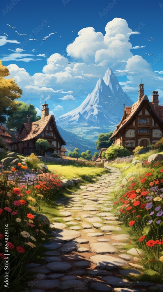 Wallpaper of Charming Cartoon Villages with Lively Cartoon Residents, Generative AI