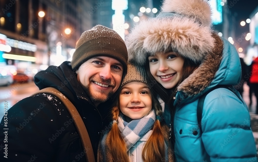 A winter closeup photo of family at Christmas on a background of a city with garlands. Generative AI A winter closeup photo of family at Christmas on a background of a city with garlands. Generative AI