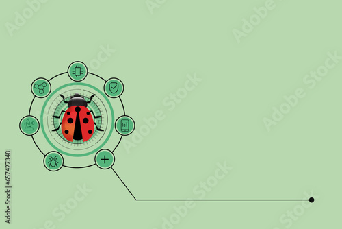 Illustration of a ladybug (amphipoda) as a symbol of Integrated Pest Management connected to IoT, Research, protection, chips, microscopes to illustrate smart farming