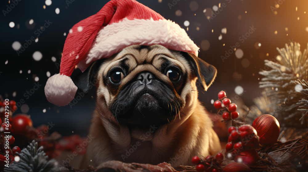 Pug dog in festive Santa Claus hat for New Year and Christmas Pug dog in festive Santa Claus hat for New Year and Christmas
