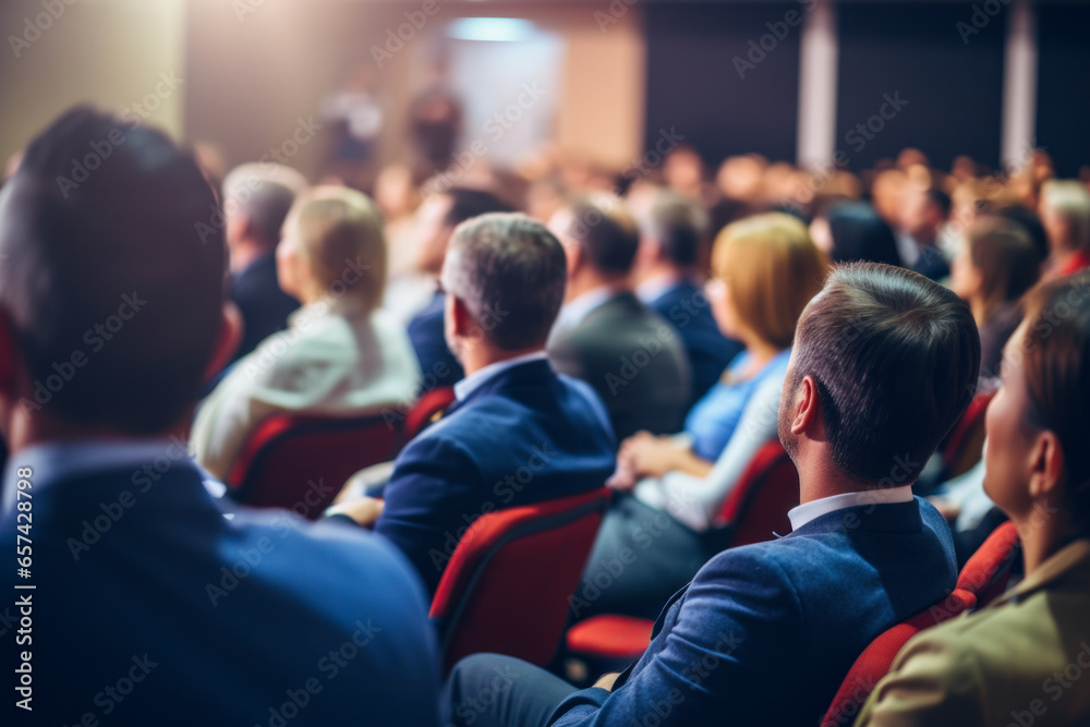 Business and entrepreneurship symposium. Speaker giving a talk at business meeting. Rear view of unrecognized participant in audience.