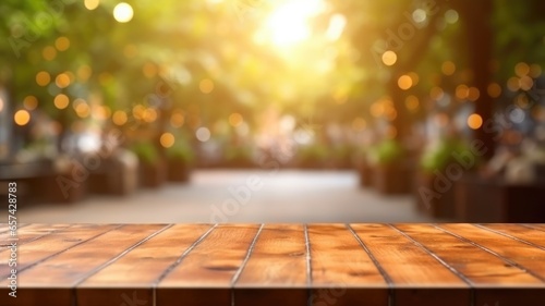 The empty wooden table top with blur background of outdoor cafe in the morning. Exuberant image.