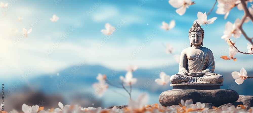 Meditation buddha statue. Religion spirituality soul peace concept. Generative AI technology. - obrazy, fototapety, plakaty 