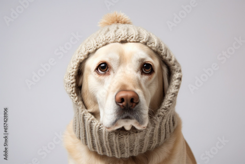 Portrait of dog with knitted winter hat in front of gray background