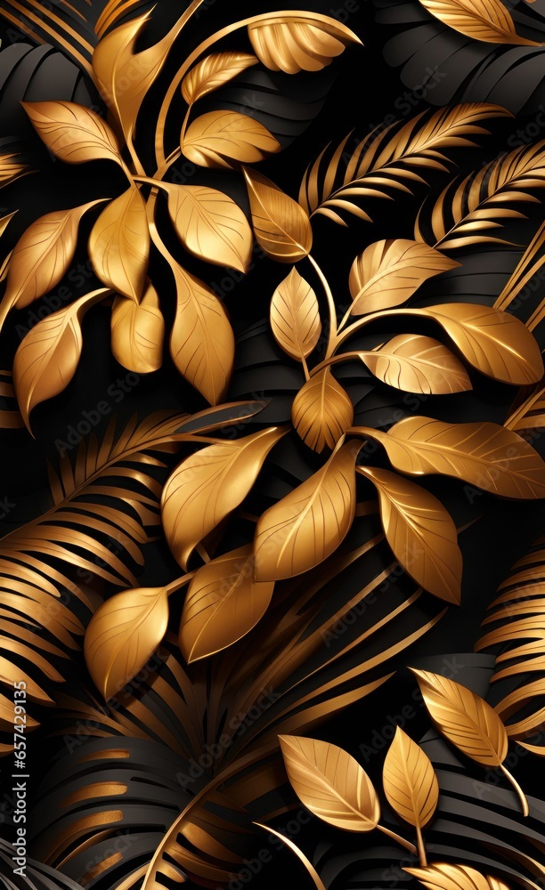 Luxury gold leaves wallpaper. Black and golden background. Wall art