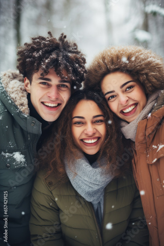 Portrait of a group of friends in winter clothes looking at camera