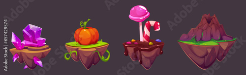 Game floating islands with glossy violet gemstone clusters, ripe pumpkin on grass, sweet candies on chocolate surface and sleeping volcano rocky mountain. Cartoon flying gui ground platform for jump.