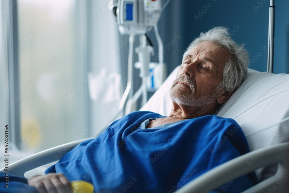 Portrait of sick senior man lying in hospital bed and looking away - obrazy, fototapety, plakaty 