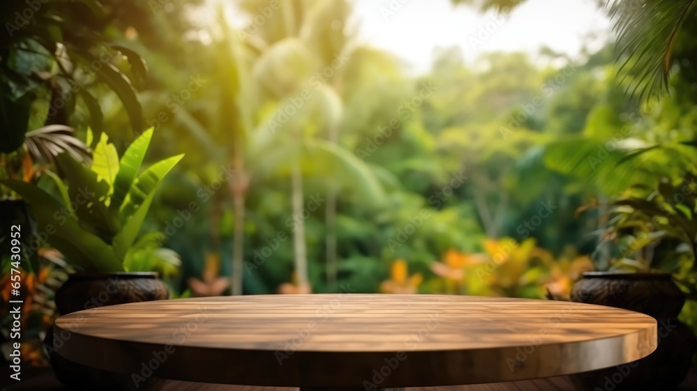 The empty wooden table for product display with blur background of tropical jungle. Exuberant image.