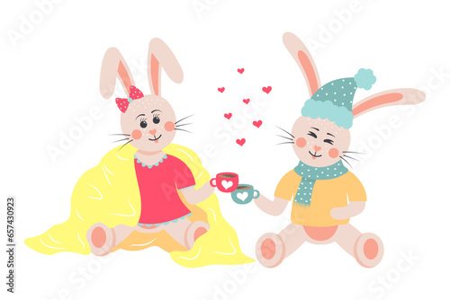 Cute rabbits in love. Bunny boy and bunny girl with coffee mugs in a warm clothes. Cartoon forest characters.
