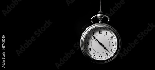 A silver pocket watch with a white dial hangs on a chain against a black background. Background banner with negative space as a concept of time and death.