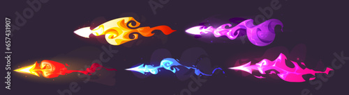 Laser gun shots set isolated on black background. Vector cartoon illustration of colorful neon arrows burning with fire and smoke, glowing with purple, pink, blue magic spell effects, blaster attack