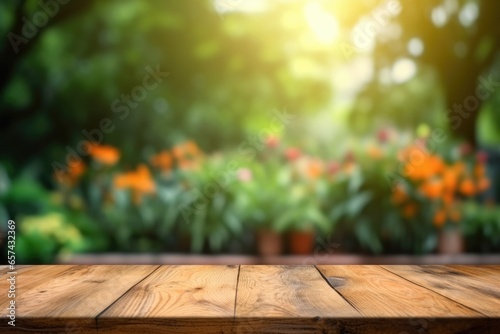 The empty wooden table top with blur background of garden. Exuberant image.