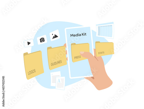Press release and news publication concept. Media kit for wider audience, online press media marketing for web. Vector isolated illustration on white background with icons