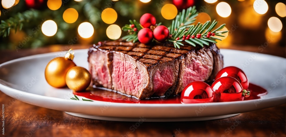 Steakhouse christmas meal. Closeup of a perfect medium roasted juicy steak, carefully arranged and decorated with christmas greens and ornaments Steakhouse christmas meal. Closeup of a perfect medium roasted juicy steak, carefully arranged and decorated with christmas greens and ornaments
