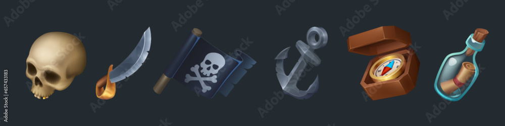 Pirate game ui icon element with map and skull. Adventure for caribbean treasure in bottle gui illustration. Isolated anchor, black flag, parchment, compass and sabre weapon user interface design. - obrazy, fototapety, plakaty 